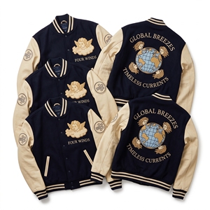 Blouson Bomber Letterman Personnalisé OEM avec Broderie Four Winds Angel, Manteau Universitaire en Laine et Manches en Cuir Crème - Product Image 1