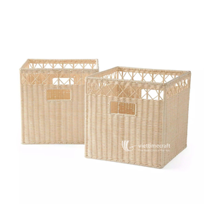 Natural Woven Rattan Eco-Friendly Classical Square Storage <b>Basket</b> with Handle for Home Office <b>Shelf</b> Organizer - Product Image 1
