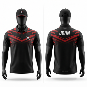 Polo de golf pour homme, jersey premium 180 GSM en polyester, séchage rapide, noir et rouge, motif chevron, logo personnalisé par sublimation. - Product Image 1