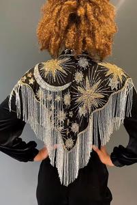 Cape en polyester noire ornée de fleurs, avec longues franges et franges brodées de perles pour adulte - Product Image 6