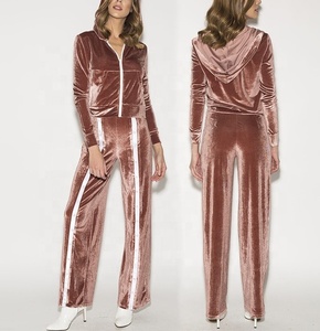 ชุดเสื้อครอปแบบมีซิปสำหรับผู้หญิง,ชุดวอร์มกางเกงมีฮู้ดและกางเกงลายทาง - Product Image 4