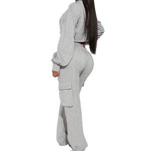 Women Cut Out Fashion Cropped Top Track <b>Jacket</b> Set Heavyweight Oversized Solid Color Knitted Fabric Women's Hoodies Cargo OEM - Product Image 2