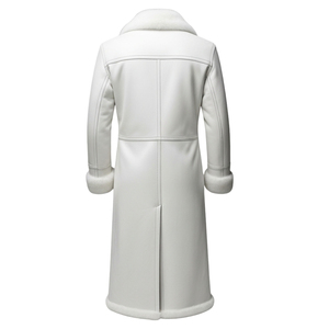 Abrigo Largo de Cuero Genuino Blanco para Hombre, Solapa con Muescas, Doble Botonadura, Ribete de Piel, Manga Regular, Abrigo Grueso de Lana - Product Image 2