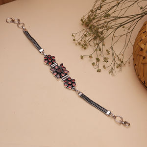 Antique Silver Plated Brass Beaded Flower Design <b>Red</b> Garnet Vintage Handmade Women's Anniversary Gift <b>Bracelet</b> - Product Image 3