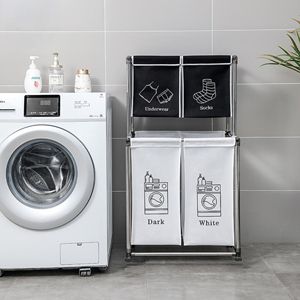 Cesto portabiancheria XL a 2 livelli con 4 sacchi rimovibili in cotone e plastica per la separazione di bianchi e scuri, per organizzare i vestiti - Product Image 2
