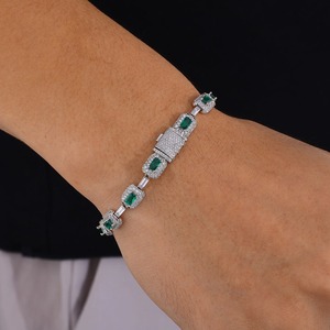 <b>Mens</b> 925 Silver Rhodium Plated Channel Set Moissanite Emerald Cut Green Gemstone Charm Bracelet Luxury Halo Link Jewelry - Product Image 1