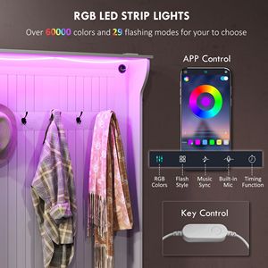 Appendiabiti da ingresso 3-in-1 con luci LED, panca e contenitore per scarpe, 5 appendiabiti, colore grigio - Product Image 4