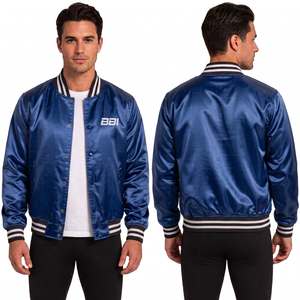 Chaqueta azul satinada personalizada con tela de seda brillante, cuello a rayas con botones a presión y estilo streetwear al por mayor OEM - Product Image 1