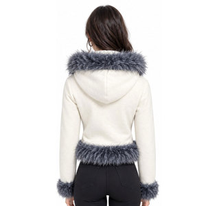 Veste d'hiver pour femme, à capuche, avec garniture en fausse fourrure crème, fermeture éclair, manches courtes, coupe régulière, coupe-vent, en polaire, couleur unie, avec capuche - Product Image 4