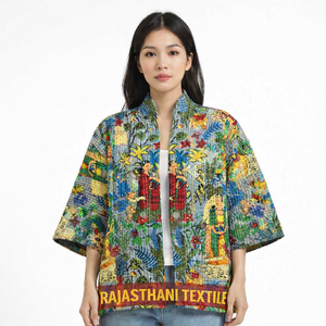 Chaqueta Kimono Reversible Farihda Khalo Kanta para Mujer, Decoración con Parches, Tejido de Tela, Relleno 100% Algodón Orgánico, Manga Larga - Product Image 1