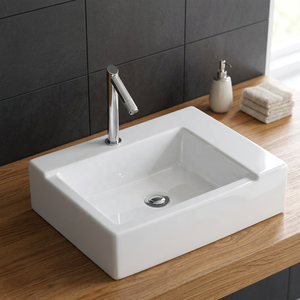 Lavabo de salle de bain artistique rectangulaire moderne en céramique à poser sur comptoir avec accessoire de vidange - Product Image 2