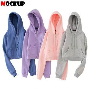 Sweat à capuche court bleu unisexe à fermeture éclair, coupe classique, couleur unie, avec poche, en molleton bouclette, décontracté, pour l'automne - Product Image 6