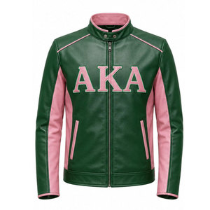 Chaqueta Universitaria de Cuero Rosa y Verde Bordada Alpha Kappa Alpha AKA para Hombre, Cierre de Cremallera, Cuello Camisero - Product Image 5