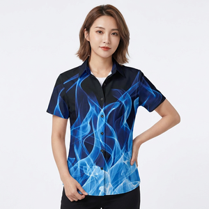 Men's Short Sleeve Button Down <b>Shirt</b> Blue <b>Flame</b> Print Casual Wear Digital Printing Polyester Woven Breathable Style - Product Image 6