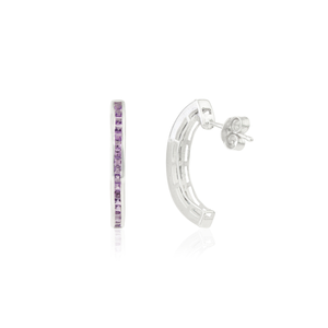 Magnifiques boucles d'oreilles créoles en forme de C serties de pierres d'améthyste 100 % authentiques, taille princesse, pierre de naissance de février, pour femmes - Product Image 5