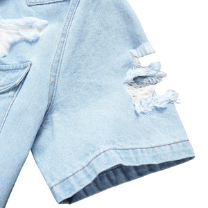 Mens Light Wash <b>Distressed</b> Denim Shirt Short Sleeve Button Down Casual Jean Shirt Two Pocket Summer Streetwear <b>Top</b> Fit - Product Image 3