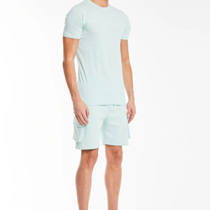 Men's Light Blue Cotton <b>Knitted</b> Solid Casual Summer Short <b>Set</b> Breathable T-Shirt and Shorts Outfit - Product Image 4