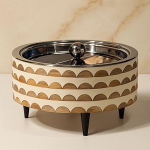 Marble & Wood Inlay Footed <b>Serving</b> <b>Dish</b> With Metal Silver Lid Round Shape Elegant Design Durable Finish For High-End Dining - Product Image 2