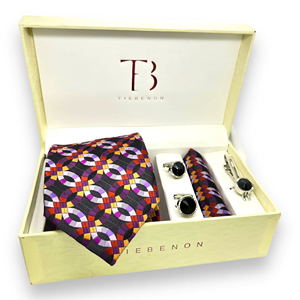 Ensemble cravate géométrique violette pour homme, cravate de luxe de créateur, pochette de costume et boutons de manchette |   Coffret Cadeau pour Mariage Formel et Soirée d'Affaires - Product Image 2