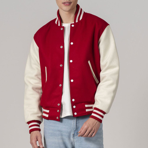 แจ็คเก็ตวาร์ซิตี้แบบยูนิเซ็กซ์ สีแดงขาว แจ็คเก็ตเบสบอลแบบ Letterman สั่งทำได้ ปักลายได้ คอตั้ง แจ็คเก็ตฤดูหนาวแบบ Patchwork ผู้ผลิต OEM - Product Image 2