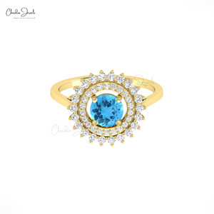 Anillo de compromiso Chordia Jewels de oro sólido de 14k con topacio azul suizo y halo de diamantes para mujer, estilo floral vintage, joyería fina con piedras preciosas. - Product Image 1