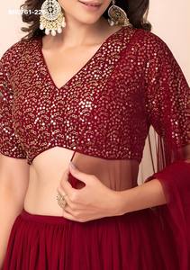 Party Wear Georgette with Zari-<b>Sequin</b> Embroidered Ruffle Layered Flared <b>Red</b> Lehenga-Choli Set Woman Fashion Exporter - Product Image 4