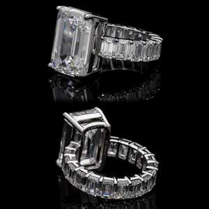 Bague de luxe plaquée or 14K et rhodium, solitaire 5 carats taille émeraude, avec bande éternité complète et diamants CVD cultivés en laboratoire, cadeau d'anniversaire - Product Image 5