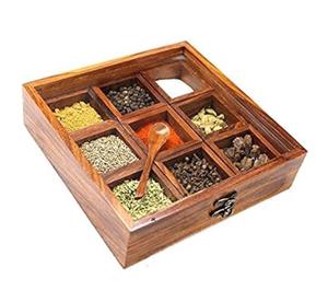 Boîte à épices en bois artisanale avec compartiments de rangement, cuillère en bois, boîte cadeau pour fruits secs, emballage personnalisé - Product Image 1