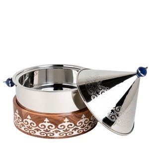 Pot de casserole en acier inoxydable de conception du Moyen-Orient pot de finition argentée avec la base en bois pour l'utilisation d'hôtel de mariage de buffet de partie - Product Image 3