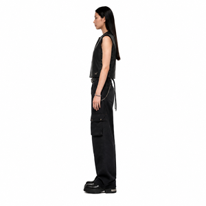 Chaleco de Cuero Genuino de Búfalo de 1.3mm para Mujer, Estilo Cuadrado, Regular, Moto, Biker, Streetwear, Modular - Product Image 3