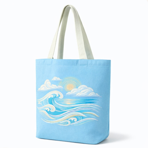 Sac fourre-tout en toile bleue COTTON FIELD avec motif océan brodé, grande capacité, réutilisable, avec poignée longue pour le shopping et la plage - Product Image 4