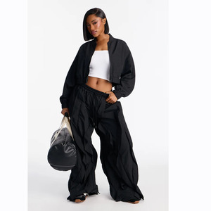 <b>Women</b> Custom Color Hooded <b>Windbreaker</b> Full Length Drawstring Pants Loose Fit Streetwear Style Solid Color Breathable Spring Wear - Product Image 1