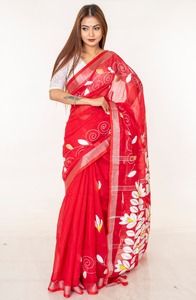 Sari Rojo de Algodón con Estampado Floral Blanco y Detalles Dorados, Traje Tradicional Indio para Bodas, Largo hasta el Suelo, Corte Regular, Estilo Bollywood - Product Image 5