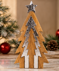 Sapin de Noël en bois superposé fait main avec étoile en métal argenté, décoration d'intérieur pour table - Product Image 1