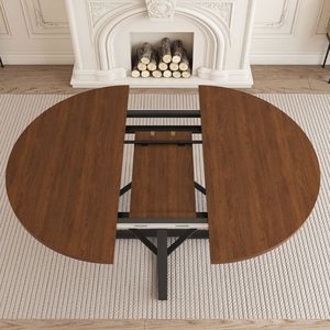 Set Tavolo da Pranzo Rotondo 47 Pollici Finitura Noce Estensibile per 4-8 Persone Struttura in Metallo Rinforzata Stabile con Vano Portaoggetti - Product Image 4