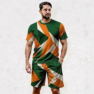 Conjunto de camiseta y pantalones cortos con estampado geométrico para hombre, de poliéster tejido de secado rápido, estilo deportivo para verano. - Product Image 6
