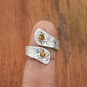 Handmade <b>Tiger</b> <b>Eye</b> Adjustable <b>Ring</b> 925 Sterling Silver Boho Flower Engraved Jewelry for Women - Product Image 2