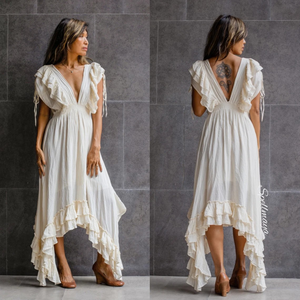 2026 Luxury Full Ruffle Maxi <b>Dress</b> Deep V-Neck White Gauze Boho Eco-Friendly Flare Sleeves Multi-Layered Tiered Frill <b>Dress</b> - Product Image 6