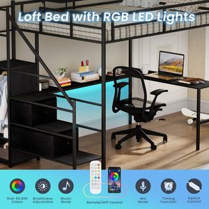 Letto a soppalco in metallo a grandezza naturale con scrivania a L, luci LED, base di ricarica, un armadio e design stabile - Product Image 2