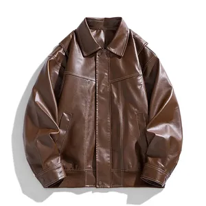 Veste en cuir PU marron pour homme GURUNA-Z-INDUSTRY, col zippé, coupe classique, vêtement d'extérieur décontracté pour l'automne, fermeture éclair, style vintage - Product Image 1