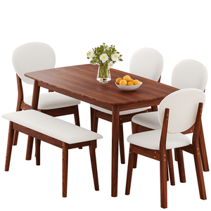 Rubberwood Dining Table Set 1 Rectangular Table & 4 Upholstered Chairs with 1 <b>Bench</b> Dark Walnut Finish & Beige <b>Cushions</b> Deta - Product Image 5