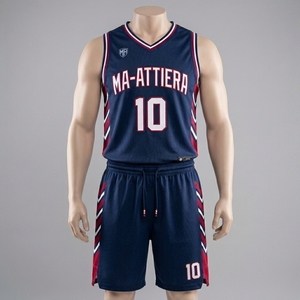 Ensemble de shorts de basket-ball personnalisés bleu marine avec bordure rouge et blanche, uniforme d'équipe, fabricant de vêtements de sport en gros - Product Image 1