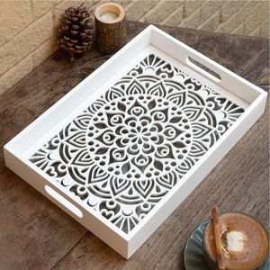 Bandeja de Servir Moderna de Madera Blanca con Diseño de Mandala Cortado con Láser, Bandeja Otomana Rectangular Decorativa con Asas para Decoración del Hogar - Product Image 1