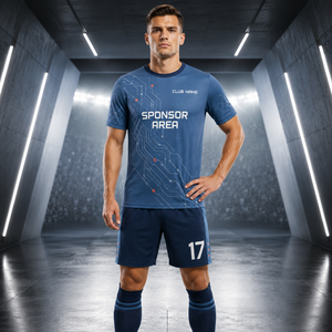 ชุดเสื้อฟุตบอลแบบกำหนดเอง ยูนิเซ็กซ์ สีน้ำเงิน พิมพ์ลายแบบซับลิเมชั่น ระบายอากาศได้ดี ผ้าโพลีเอสเตอร์ตาข่าย แขนสั้น ชุดทีม - Product Image 5