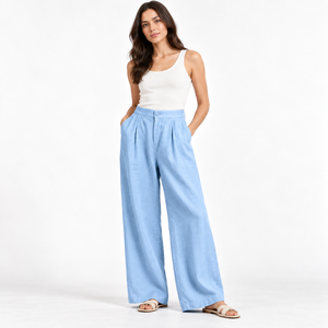 Classic Linen High Waisted Ladies <b>Trouser</b> in Deep Green XL Size with Logo Decoration Pleat Detail Summer Collection ODM Supply - Product Image 3