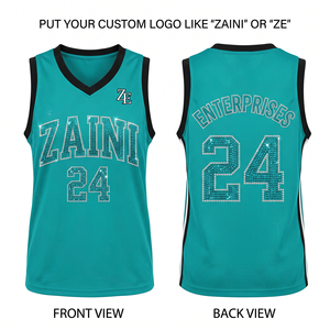 Maillot de basketball unisexe 220 grammes en maille polyester respirante et à séchage rapide, avec panneau latéral bleu sarcelle et noir, personnalisable par sublimation à chaud - Product Image 1