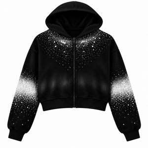 เสื้อฮู้ดซิปแบบยูนิเซ็กซ์ ผ้าฝ้าย 100% ซับในด้วยผ้าฟลีซ พิมพ์ลายดิจิทัลด้านหน้า ทรงบ็อกซี่ สีดำไล่เฉดลายดาว เสื้อครอป สไตล์ฮิปฮอป สตรีทแวร์ - Product Image 1