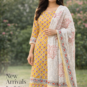 Traje Punjabi Amarillo Sol para Mujer |   Conjunto de Kurti y Pijama de Algodón con Estampado Floral Blanco y Borde |   Conjunto de Vestido Indio Profesional - Product Image 2