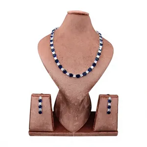 Parure Collier Tennis et Boucles d'Oreilles en Laiton Plaqué Rhodium avec Saphir Bleu CZ, Coupe Carrée, Bijoux de Mariage pour Femme - Product Image 1