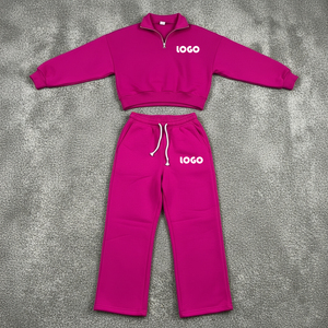 Conjunto de 2 piezas de moda para mujer: Sudadera de poliéster y algodón personalizada con media cremallera y bordado, y pantalones de chándal de pierna ancha. - Product Image 1